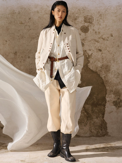 SOAIRN独立复古立领棉麻西装外套男 新中式双排扣毛边休闲单西服