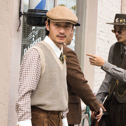 SOARIN英伦复古提花费尔岛毛衣马甲男 老钱风千鸟格提花针织背心