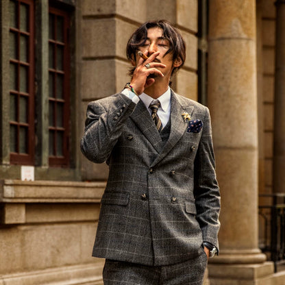 SOARIN British Retro Relaxed Fit Windowpane Plaid Woolen Double-Breasted Suit Jacket   DY63XZ12