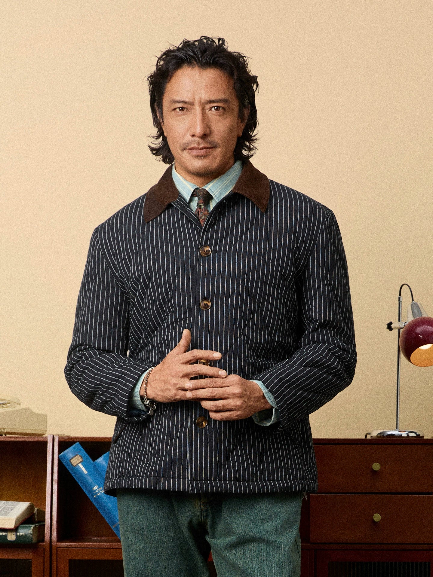 SOARIN美式工装复古内胆夹棉外套男 保暖菱形绗缝条纹棉袄夹克