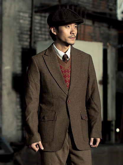 SOARIN英伦复古粗花呢西装外套男 冬季人字纹毛呢商务休闲单西服