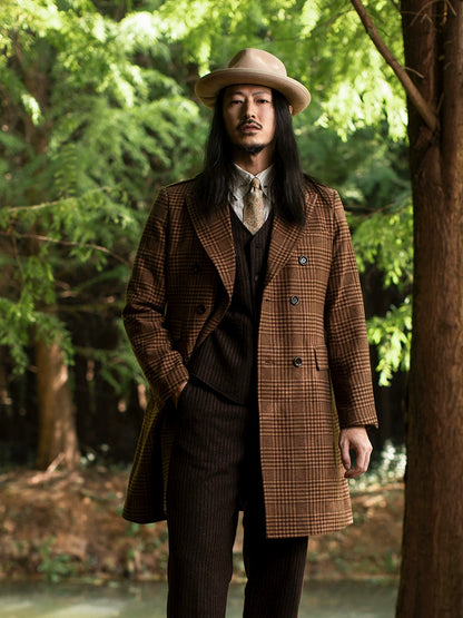 SOARIN英伦风复古格子双排扣大衣外套男 冬季中长款呢子马球风衣