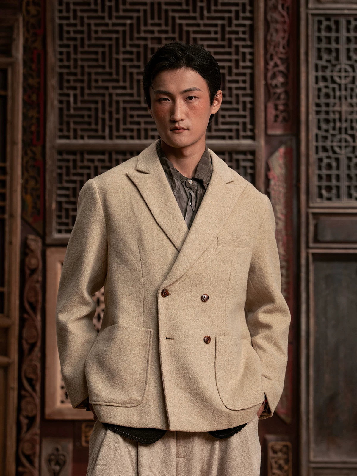 SOARIN WORLD Gai Yu Xia Heritage Series Relaxed Fit Wool Blend Double-Breasted Blazer DCZ233TXZ23