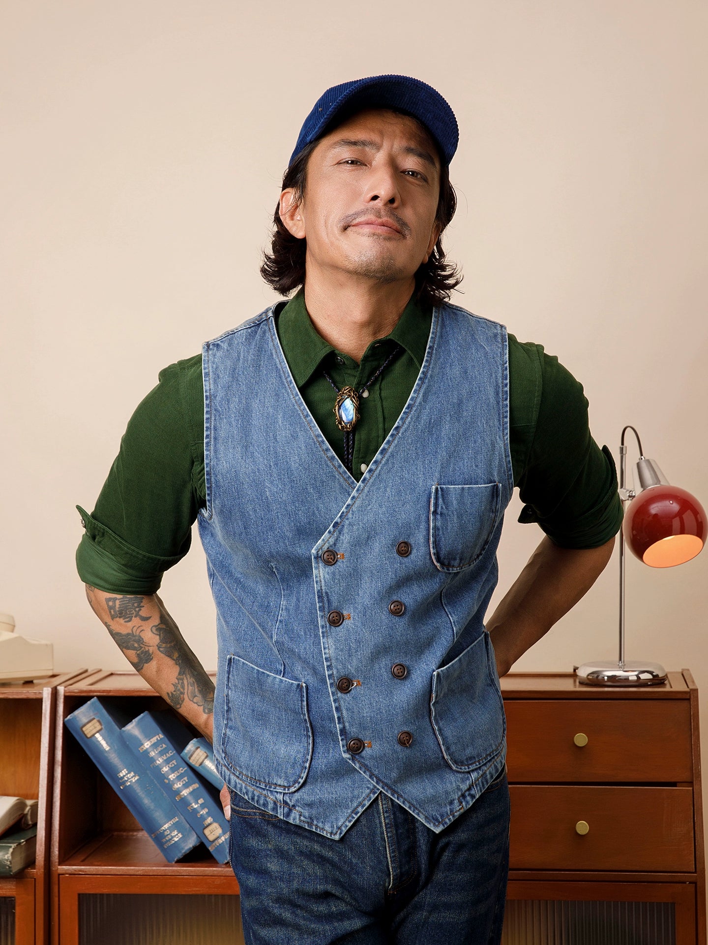 SOARIN英式复古水洗蓝牛仔马甲背心男 双排扣阿美咔叽休闲小马夹