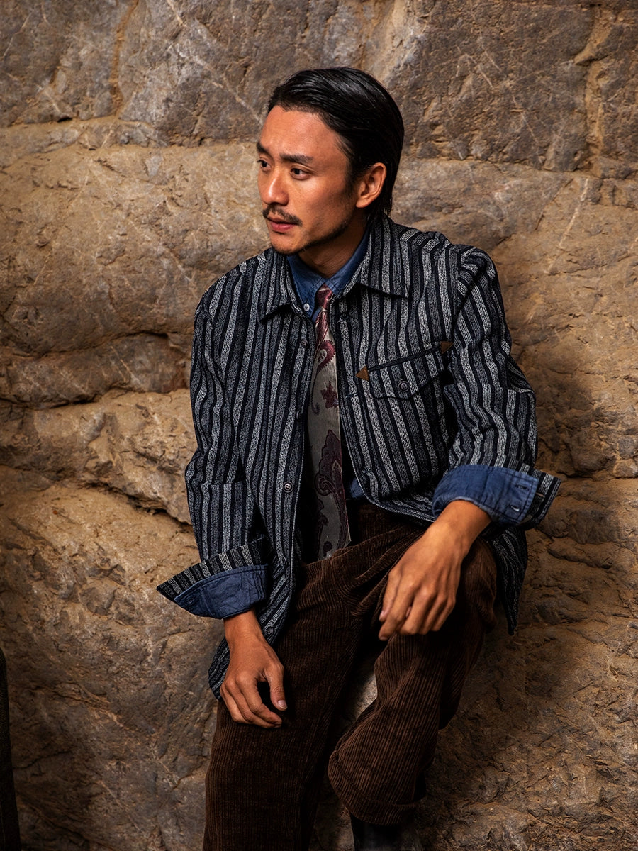 SOARIN美式复古工装夹克男士 阿美咔叽秋冬休闲条纹翻领外套上衣