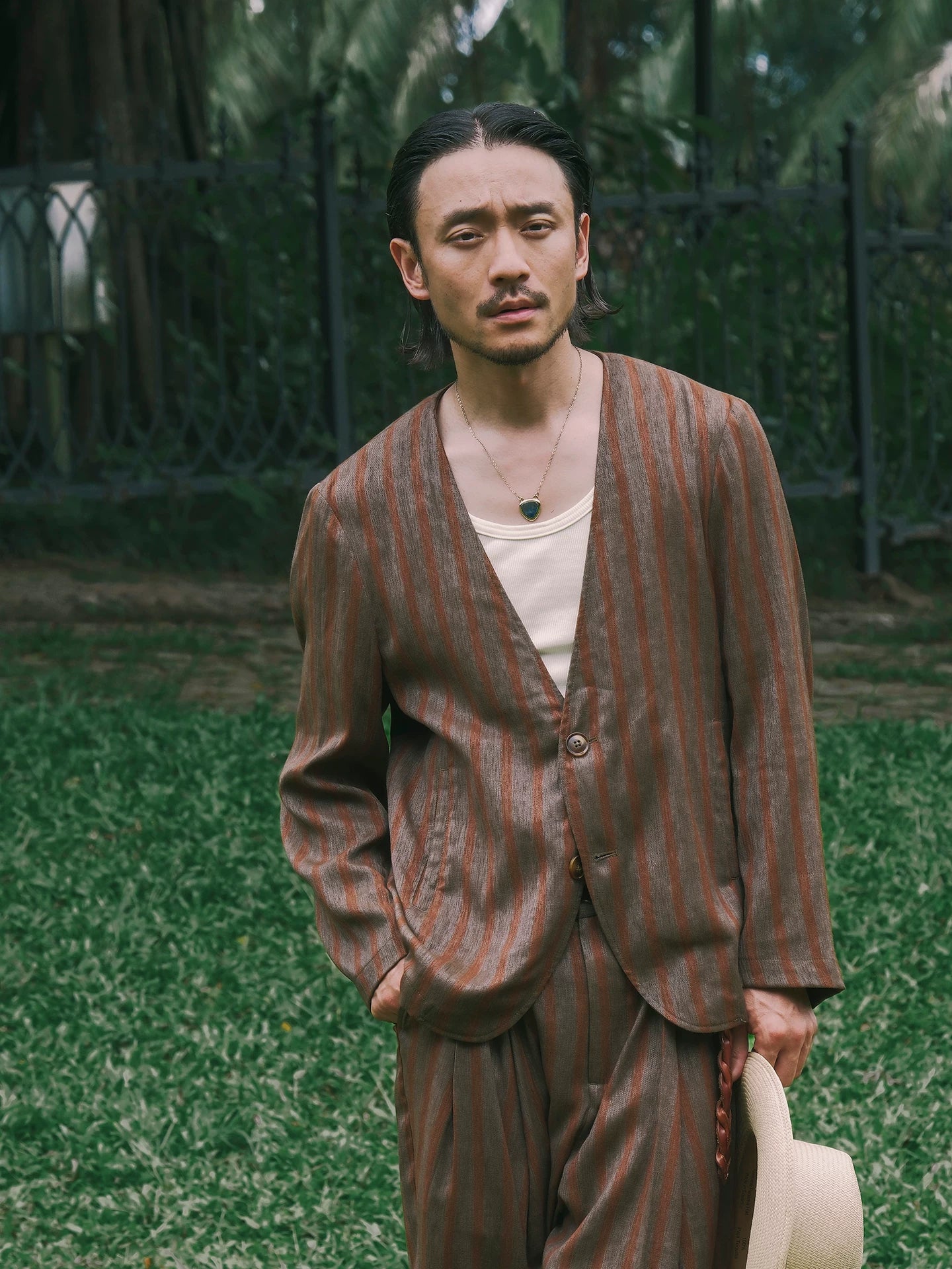 SOARIN Amekaji Vintage Loose Fit Striped Linen Blend Collarless Blazer Jacket JITZ262TXZ136