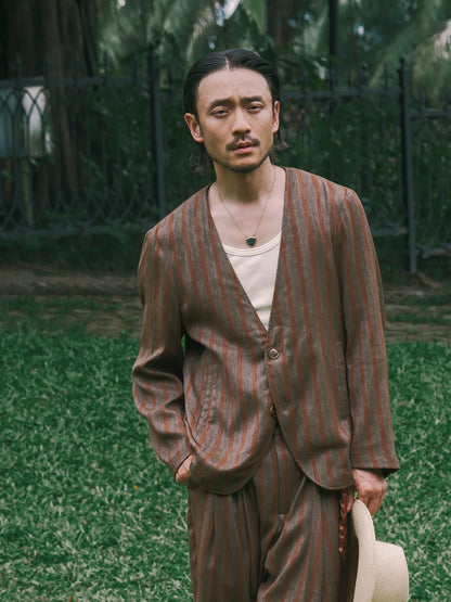SOARIN Amekaji Vintage Loose Fit Striped Linen Blend Collarless Blazer Jacket JITZ262TXZ136