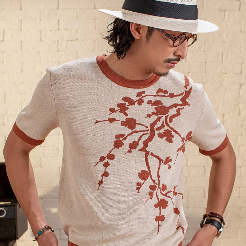 SOARIN Retro Oriental Style Relaxed Fit Knit Fabric T-shirt Z212T437