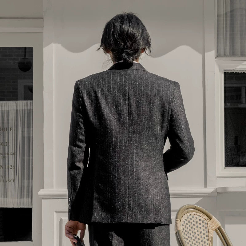 SOARIN British Retro Relaxed Fit Pinstripe Woolen Double-Breasted Suit Jacket  DY63XZ03