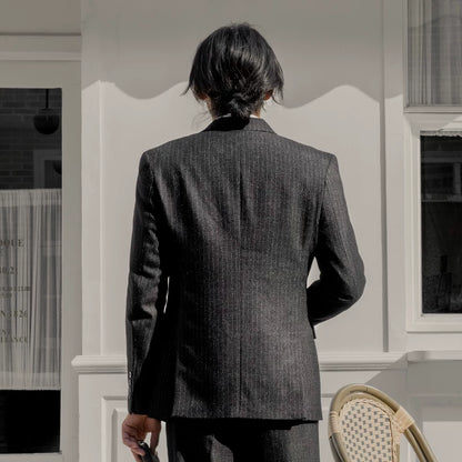 SOARIN British Retro Relaxed Fit Pinstripe Woolen Double-Breasted Suit Jacket  DY63XZ03