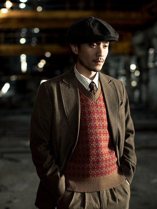 SOARIN英伦复古粗花呢西装外套男 冬季人字纹毛呢商务休闲单西服