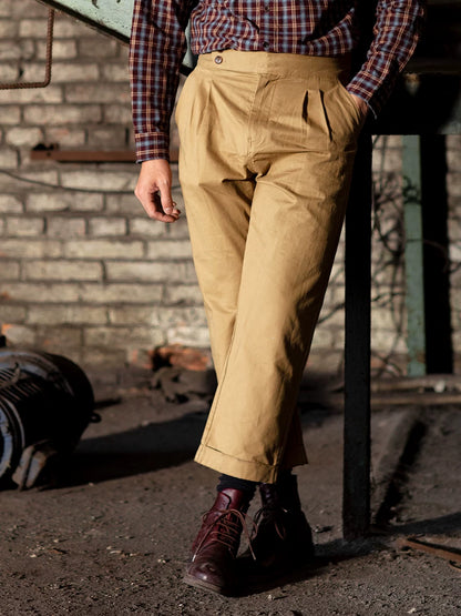 SOARIN Vintage British High-Waisted Pleated Cotton Chino Trousers YAOZ23321F106
