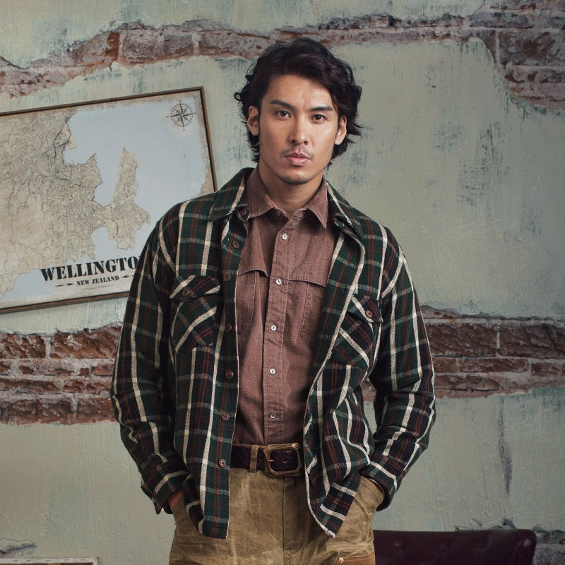 SOARIN美式复古格子外套男 阿美咔叽格纹休闲工装多口袋套头夹克