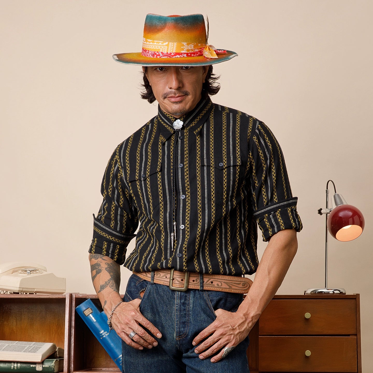 SOARIN美式西部牛仔风黑色条纹长袖衬衫男 全棉休闲提花工装衬衣