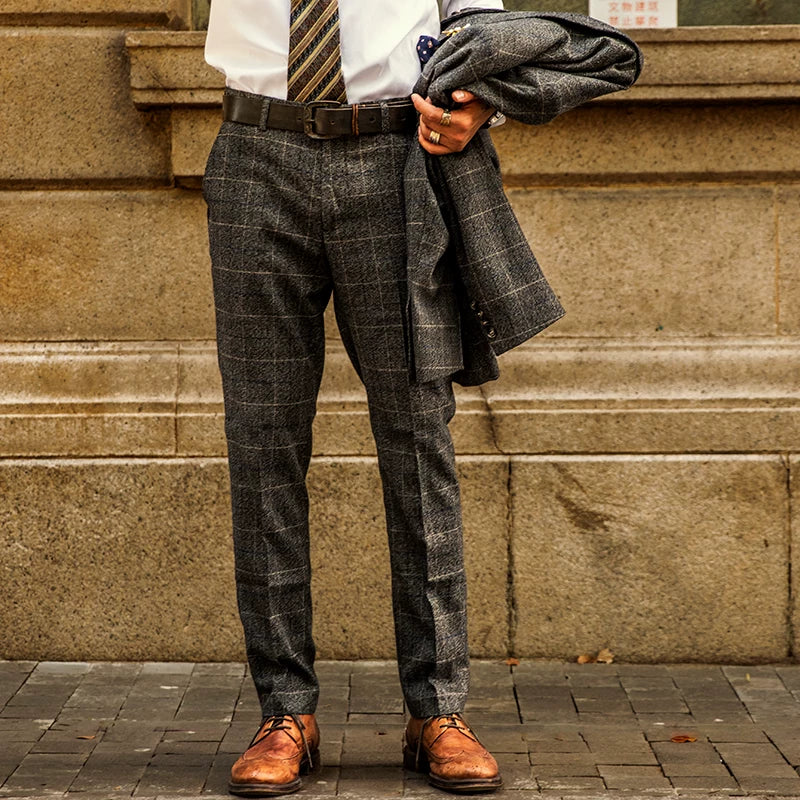 SOARIN British Retro Straight Fit Windowpane Plaid Woolen Suit Trousers  DY63F15