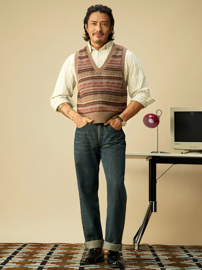 SOARIN英伦复古费尔岛毛衣背心男民族风叠穿保暖套头提花针织马甲