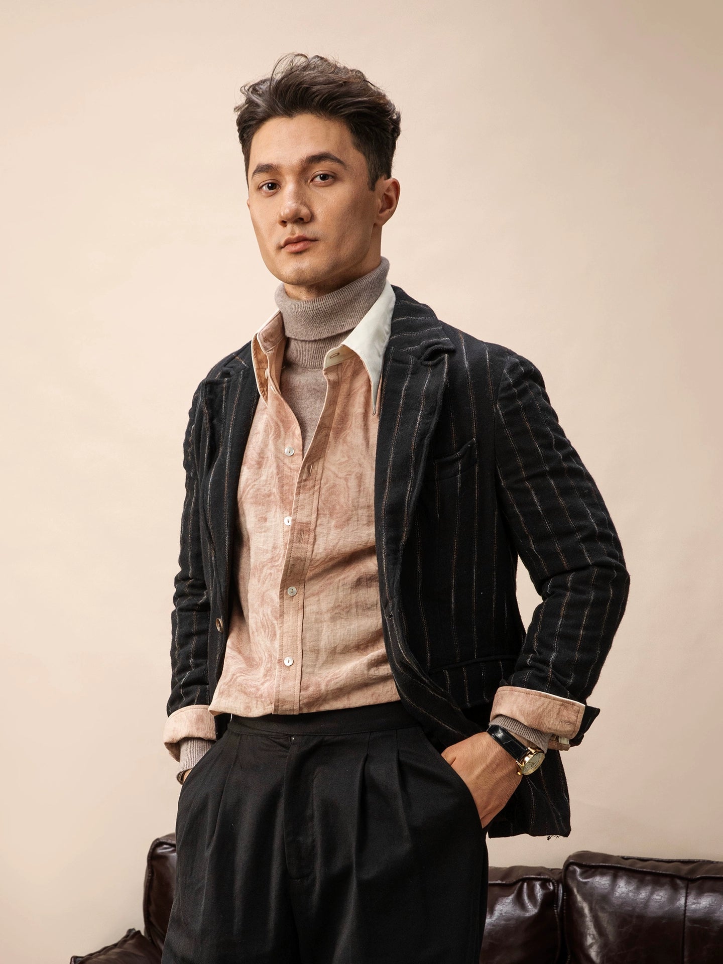 SOARIN【金属丝定型条】原创设计条纹西装外套男痞帅商务休闲西服