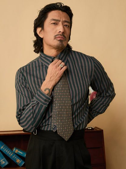 SOARIN英伦风复古粗条纹长袖衬衫男 尖领商务休闲修身西装衬衣