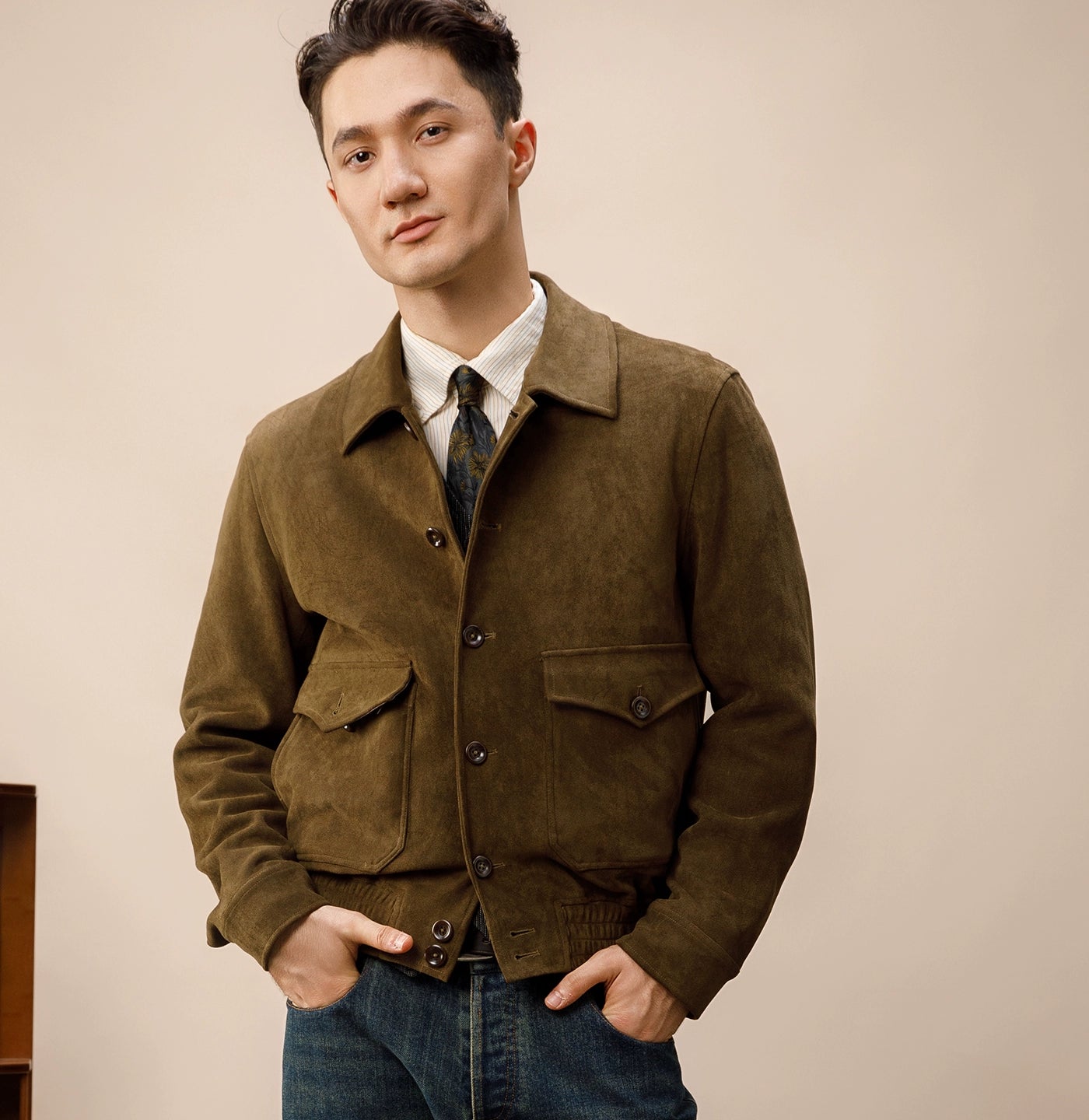 SOARIN复古美式工装鹿皮绒短款夹克男绅士休闲宽松翻领飞行员外套