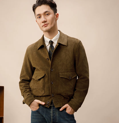 SOARIN复古美式工装鹿皮绒短款夹克男绅士休闲宽松翻领飞行员外套
