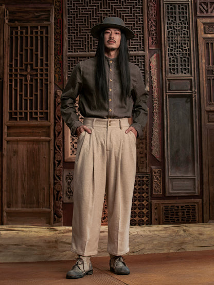 SOARIN WORLD Gai Yu Xia Heritage Series Relaxed Fit Wool Blend Pleated Trousers DCZ233TF73