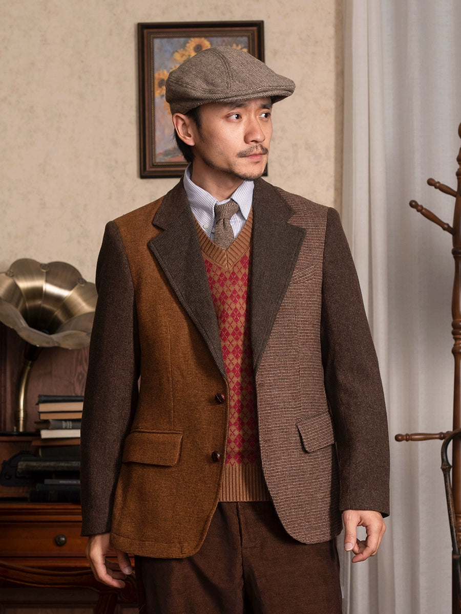 SOARIN英伦风复古拼接西装外套男 冬季商务休闲修身羊毛呢单西服