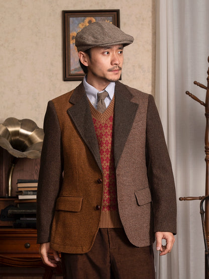 SOARIN英伦风复古拼接西装外套男 冬季商务休闲修身羊毛呢单西服