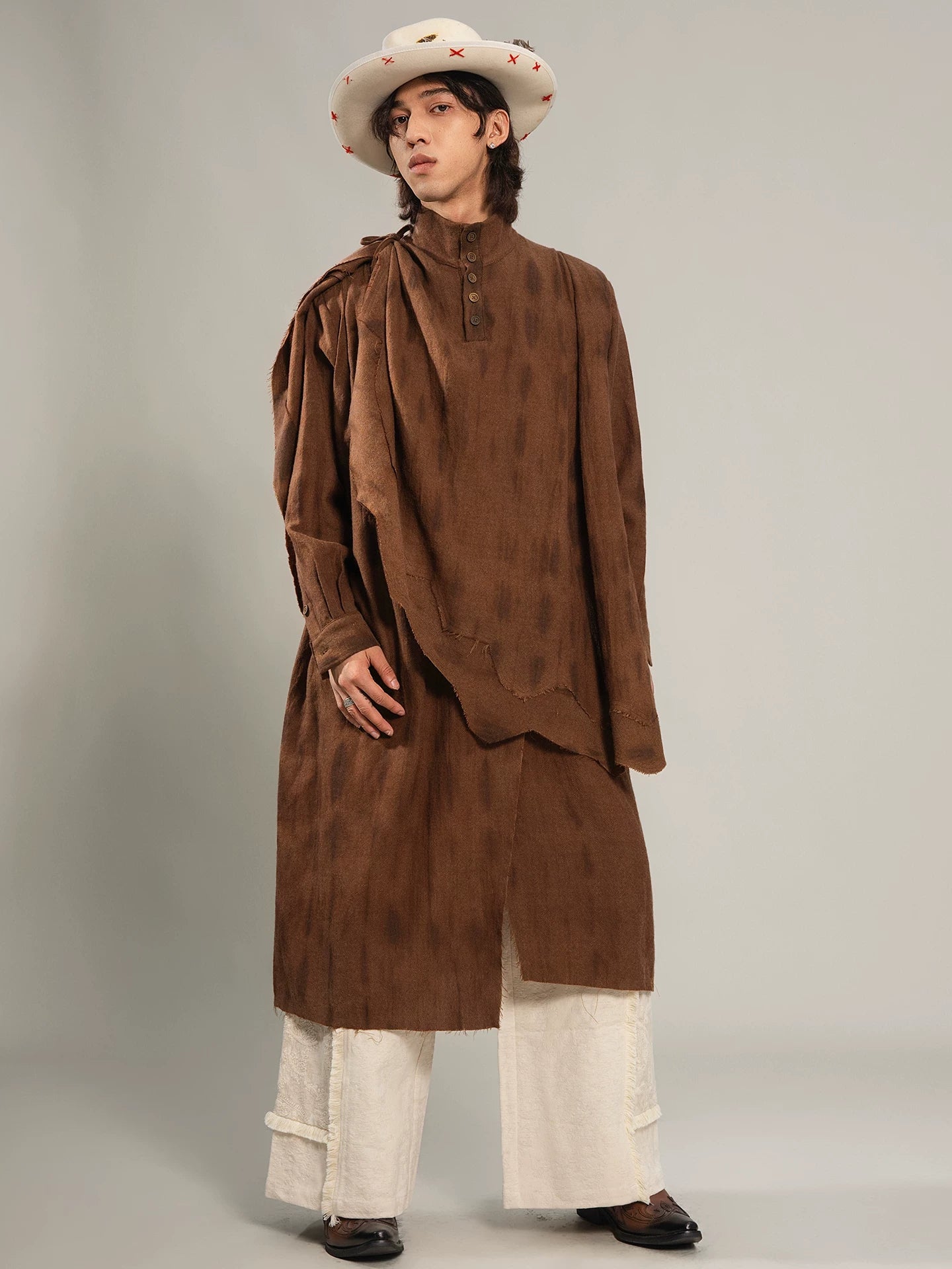 SOARIN Gai Yu Xia Series Loose Fit Pure Wool Tie Dye Deconstructed Cape Long Shirt Coat DCZ253TC459