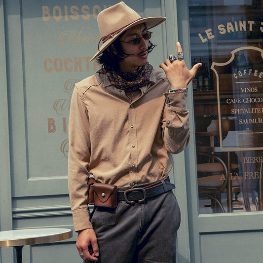 SOARIN复古西部风美式工装衬衫男原创设计感雅痞拼接毛边长袖衬衣