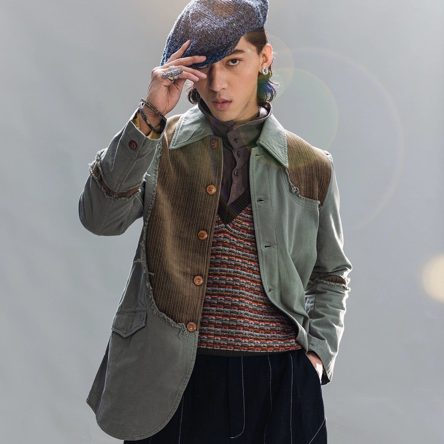 SOARIN【解构设计】独立复古拼接西装外套男不规则毛边长款单西服