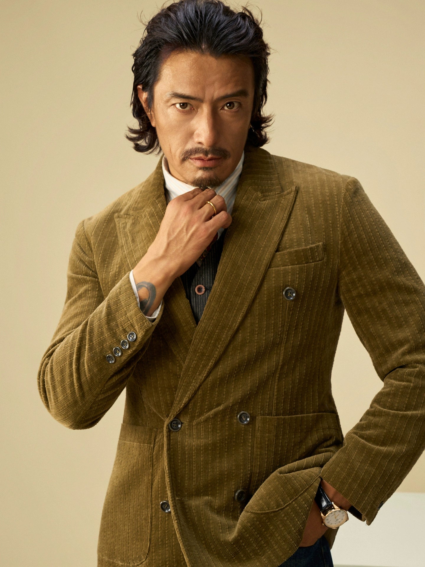 SOARIN英伦风复古灯芯绒西装外套男 老钱风双排扣条纹商务单西服