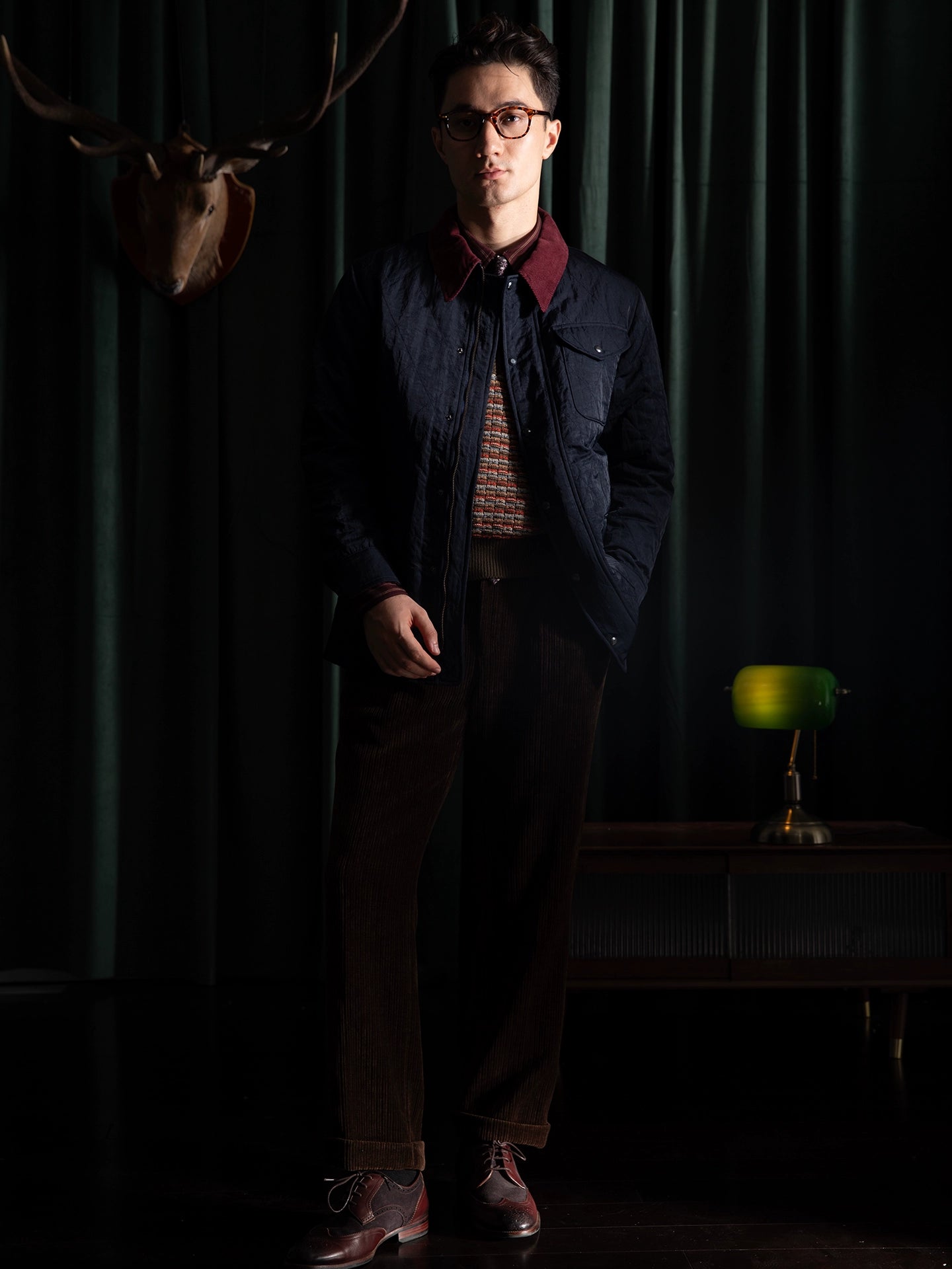 SOARIN美式复古菱形格中长款棉服外套男 阿美咔叽拼接冲锋衣夹克