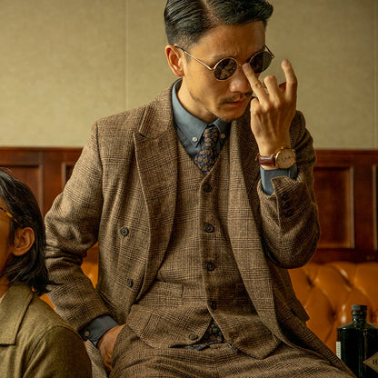 SOARIN英伦复古格子西装外套男 羊毛呢格纹商务休闲双排扣单西服