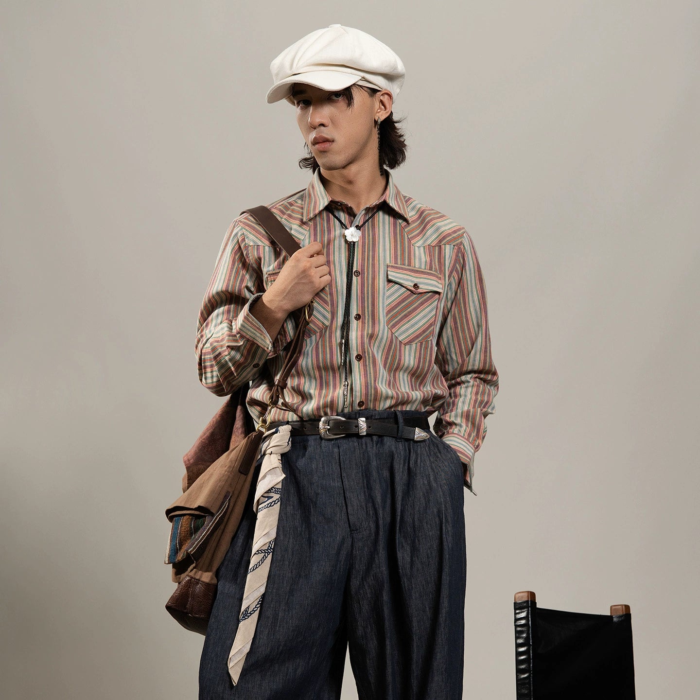 SOARIN美式复古彩虹条纹长袖衬衫男claenfit松弛感双口袋工装衬衣