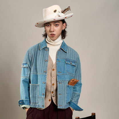 SOARIN美式复古拼接牛仔夹克男 阿美咔叽多口袋功能工装条纹外套