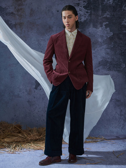 SOARIN意式复古灯芯绒西装外套男冬季保暖条绒商务休闲酒红色西服