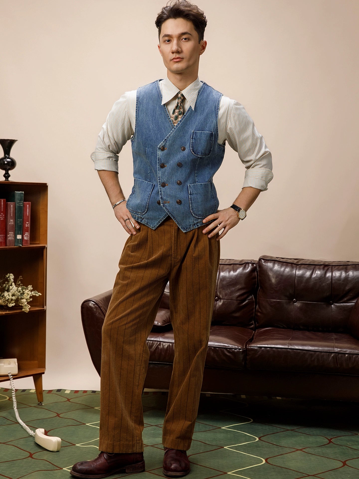 SOARIN英式复古水洗蓝牛仔马甲背心男 双排扣阿美咔叽休闲小马夹