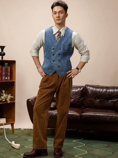 SOARIN英式复古水洗蓝牛仔马甲背心男 双排扣阿美咔叽休闲小马夹
