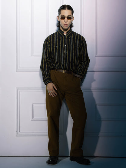 SOARIN美式西部牛仔风黑色条纹长袖衬衫男 全棉休闲提花工装衬衣