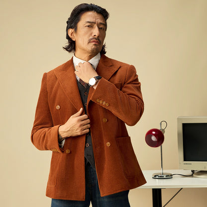 SOARIN英伦风复古灯芯绒西装外套男 老钱风绅士商务双排扣单西服