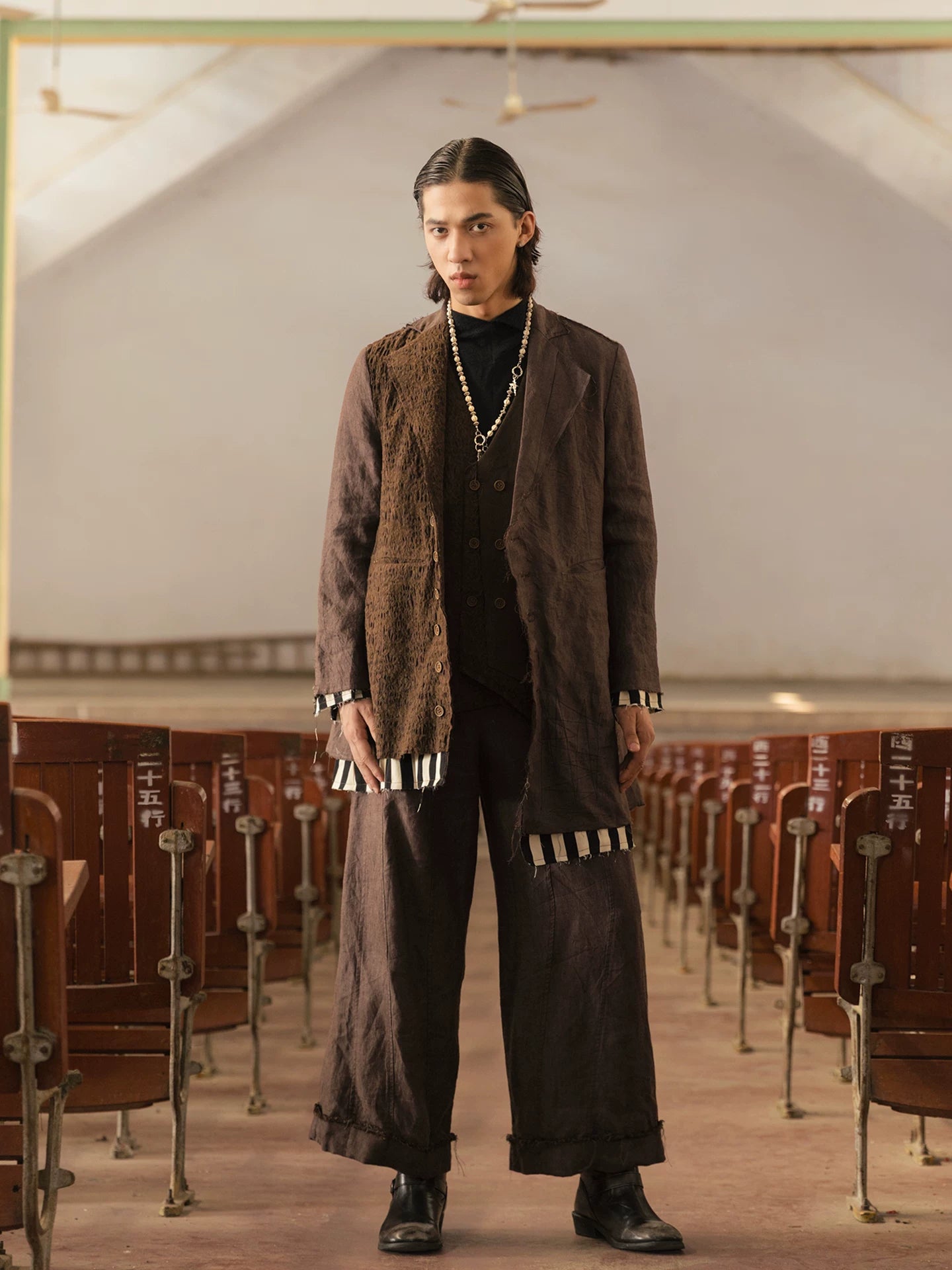 SOARIN Gai Yu Xia Series Relaxed Fit Linen Hemp Blend Asymmetric Patchwork Long Overcoat DCZ253TXZ129
