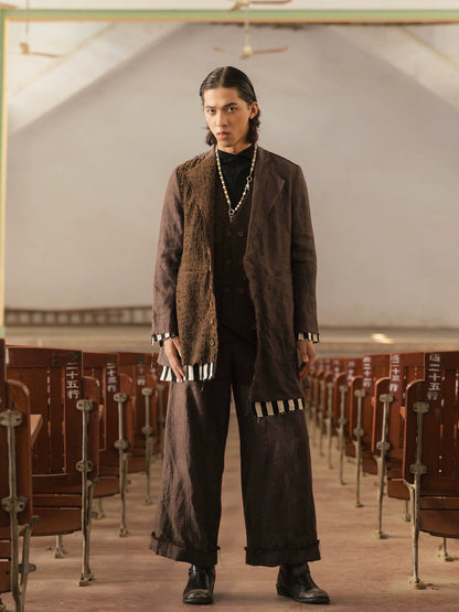 SOARIN Gai Yu Xia Series Relaxed Fit Linen Hemp Blend Asymmetric Patchwork Long Overcoat DCZ253TXZ129