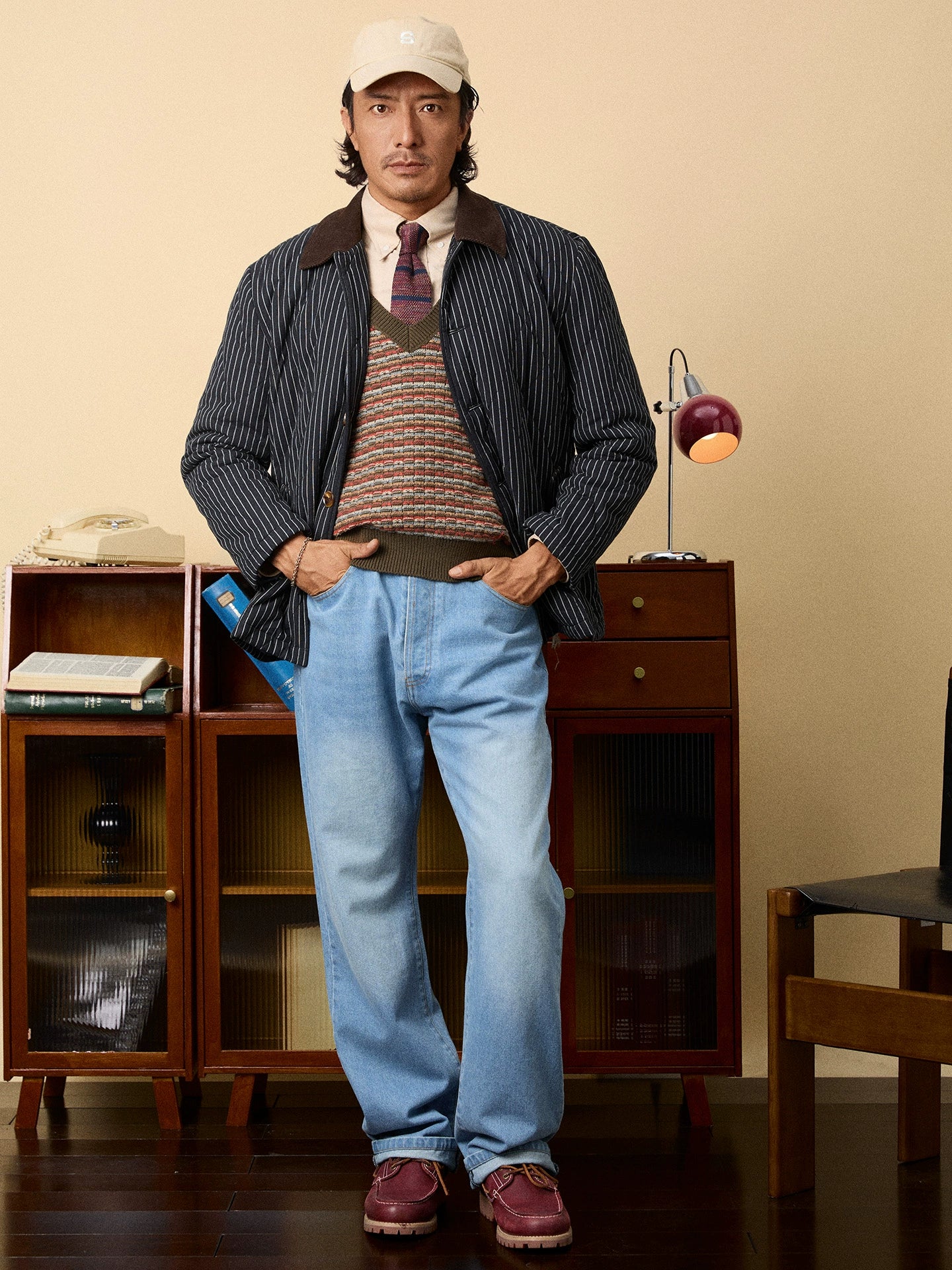 SOARIN美式工装复古内胆夹棉外套男 保暖菱形绗缝条纹棉袄夹克