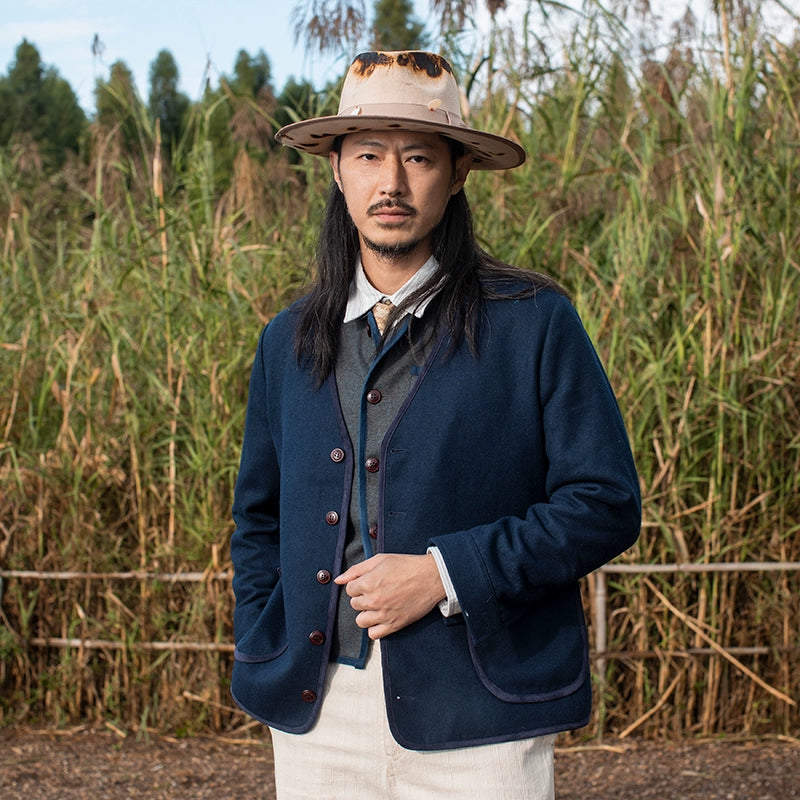 SOARIN英伦风复古羊毛夹克外套男 秋冬V领拉链休闲修身茄克衫上衣