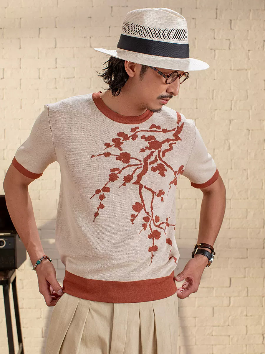 SOARIN Retro Oriental Style Relaxed Fit Knit Fabric T-shirt Z212T437