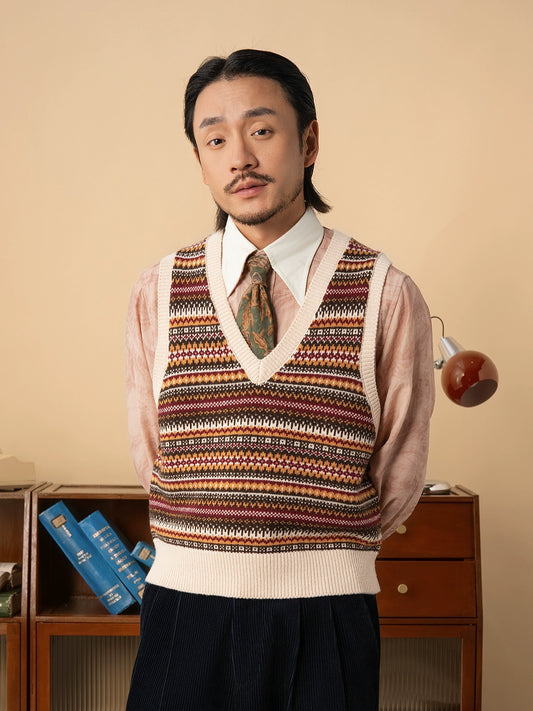 SOARIN英伦复古费尔岛针织马甲男老钱风绅装商务保暖叠穿毛衣背心