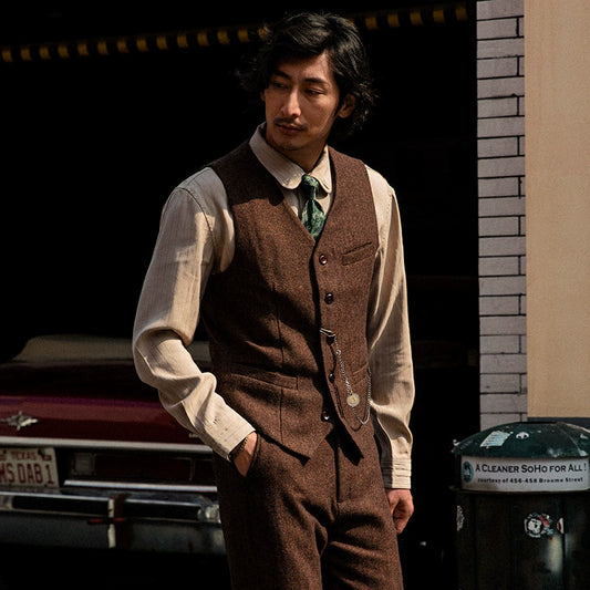 SOARIN复古英伦粗花呢西装马甲男 羊毛呢人字纹婚礼西服马夹背心