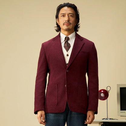 SOARIN意式复古灯芯绒西装外套男冬季保暖条绒商务休闲酒红色西服