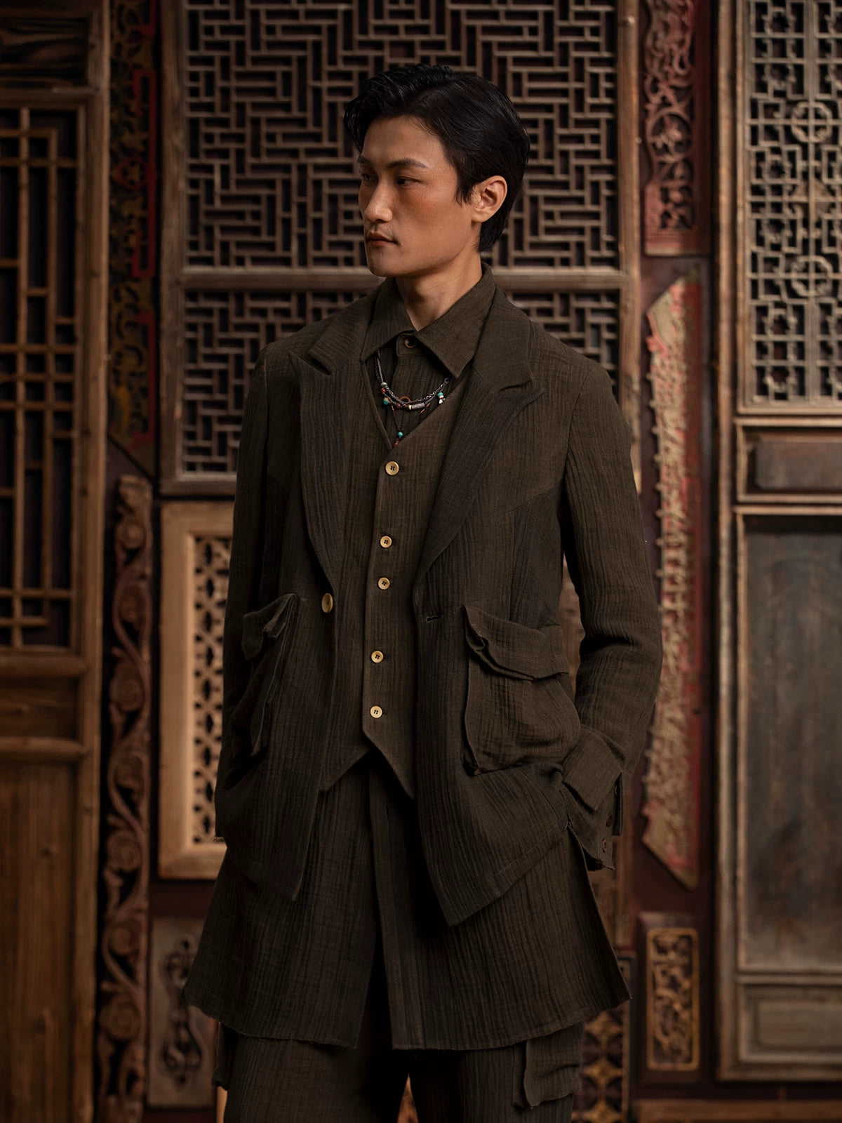 SOARIN WORLD gai yu xia Series Loose Silhouette Linen-Cotton Blend Layered Jacket DC243TXZ103