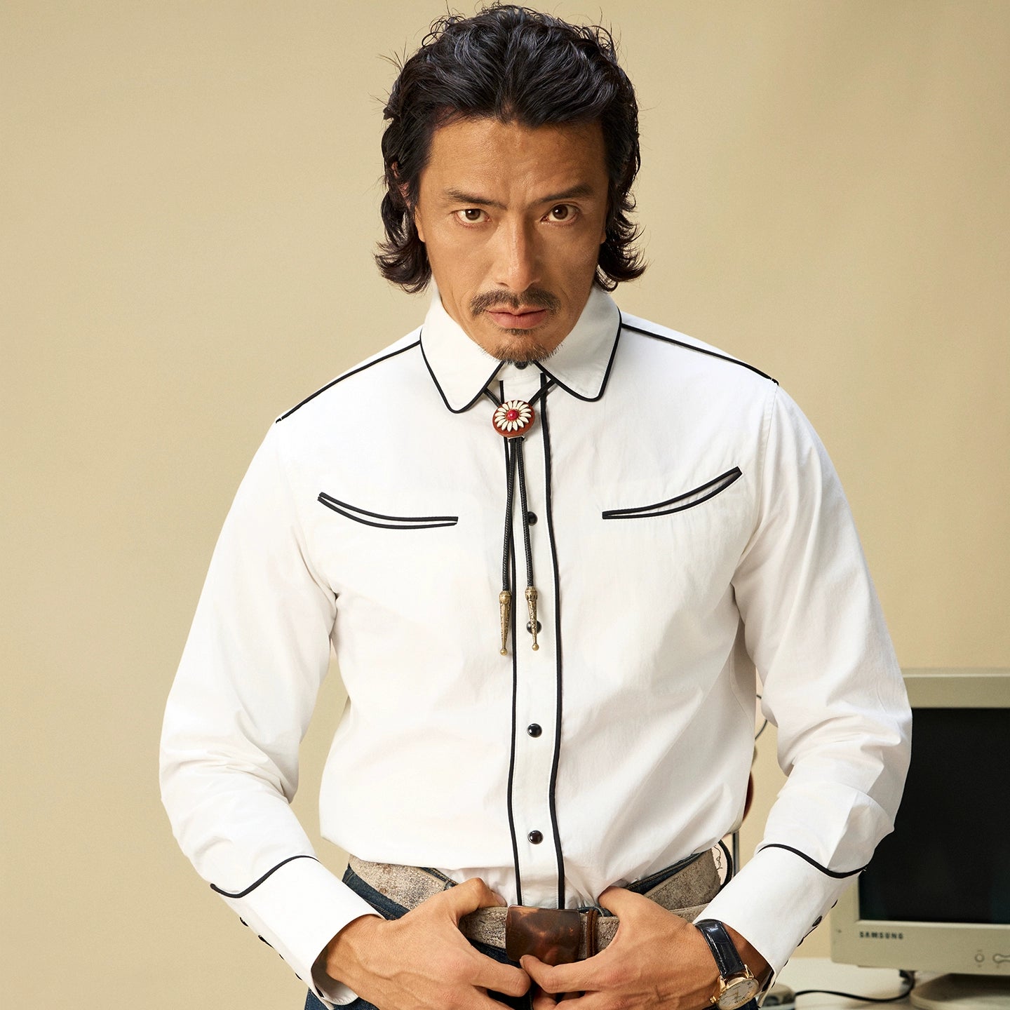 SOARIN美式复古西部风工装长袖衬衫男重磅阿美咔叽休闲设计感衬衣